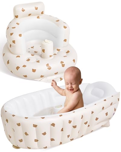 Image of 2 Pack Baby Inflatable Seat and Inflatable Baby Bathtub for Babies 3-36 Months with Built in Air Pump Infant Back Support Sofa Newborn to Toddler Bath Tub Portable Travel Shower Basin (Lovely Bear)