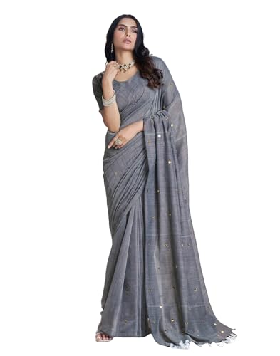 Image of SIRIL Women's Cotton Linen Sequence Saree With Unstitched Blouse Piece