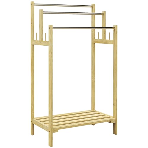 HOMCOM Toallero de Pie de Bambú, Toallero Escalera de Baño con 3 Barras de Acero Inoxidable, Estante Abierto, 4 Ganchos, Estilo Moderno, 50,5x31x90 cm, Natural