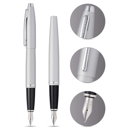 Image of Cross Calais Satin Chrome Refillable Fountain Pen - Medium Point, Black Ink, Smooth Writing, Presented in a Luxury Gift Box