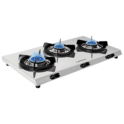 Image of Everflame Pearl 3 Burner Gas Stove | Manual Ignition | ISI Certified | 5G Forged Brass Burners | Stainless Steel Gas Stove | Gas-Saver | Brass Nozzle | 2 Years Warranty + Doorstep Service