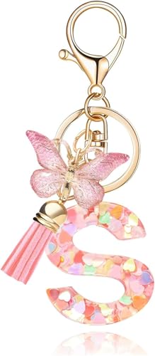 Image of GEOCARTER Lightweight Fashion Initial Letter Key Ring with Butterfly Pendant & Tassel, Stylish Purse Charm for Handbags, Car Keys, Gifts for Girls & Women