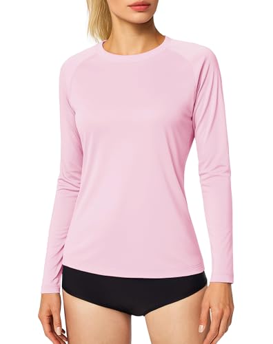 MAGCOMSEN Sport Shirts für Damen UV T-Shirt Funktionsshirt Langarmshirt Wandershirt Longsleeve Fitness Leicht Pink M