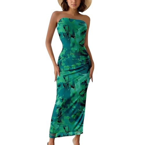 Image of Women's Tube Top Maxi Dresses Printed Tie Dye Strapless Bodycon Long Dress Split Side Sleeveless Party Elegant Outfits