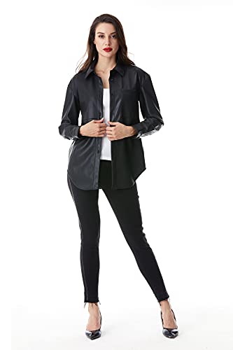 S P Y M Women Faux Leather Jacket Soft Button Down Shirt Shacket with Pocket, Regular and Plus Size4