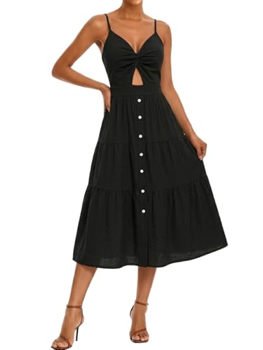 Image of Angashion Women's Dresses-Summer Floral Bohemian Spaghetti Strap Button Down Swing Midi Dress