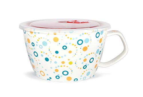 Unique Shape Microwavable Ceramic Noodle Bowl with Handle and Seal Fine Porcelain (SwirlingDots)