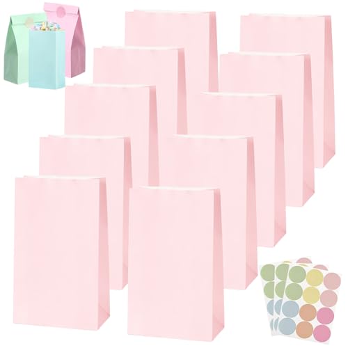 30 Bolsas Regalo Cumpleaños Infantil con 36 Pegatinas,Bolso Pequeño de Papel Pequeños Rosa 24x13x8cm,Bolsitas Galletas Caramelos de Niños,Regalos para Fiestas Cumpleaños,Navidad,Bodas,Halloween