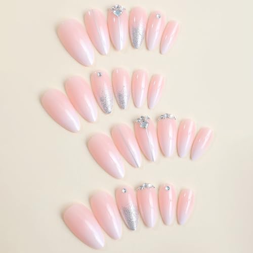 Image of Silver Glitter Press on Nails French Tip Fake Nails Medium Almond False Nail with Rhinestone Design Nude Glossy Artificial Acrylic Full Cover Diamond Glue on Nail for Women Christmas Manicure 24Pcs