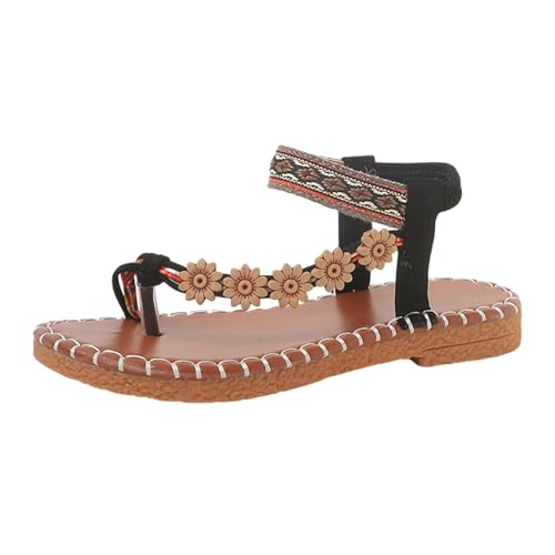Roobeety Sandalias de mujer con flores en 3D, estilo bohemio, étnico, sandalias planas de verano, cómodas sandalias antideslizantes con tiras y dedos ligeramente abiertos, banda elástica para