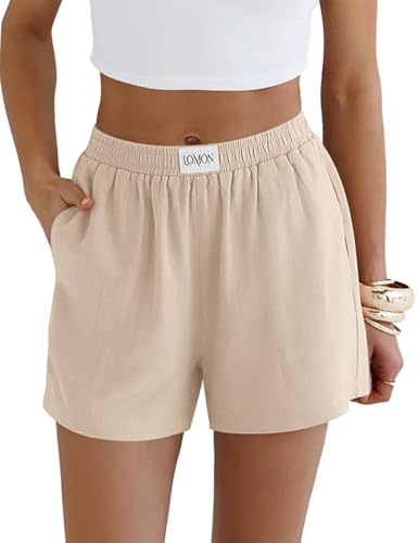 LOMON Woman Shorts Linen Comfy Vacation Elastic Waist Bottoms with Pockets