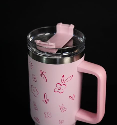Image of 1200ML Stainless Steel Tumbler Hot and Cold with Handle and Lid and 2 Straws, Double Insulated Cup Leak Proof Mug Cupholder for Gym, Travelling (Pink Floral)