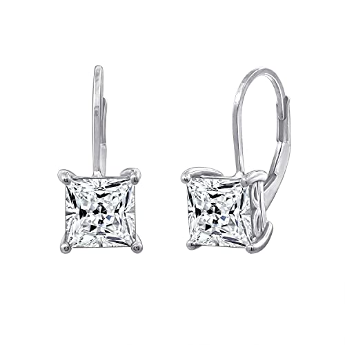Amazon Essentials Platinum-Plated Sterling Silver Princess Cut Leverback Drop Earrings made with Infinite Elements Cubic Zirconia White/Platinum (5 cttw)