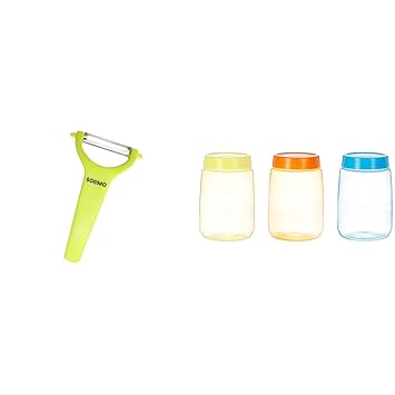 Amazon Brand - Solimo Plastic Kitchen Peeler - Green & Plastic Storage Container Set, 1 Litre, Set of 3, Multicolour Combo