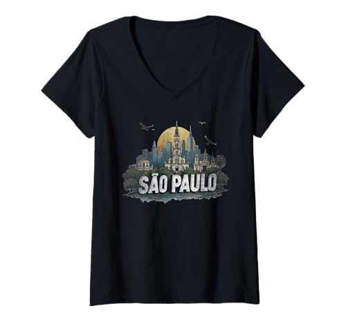 Mujer Retro São Paulo Paisaje Vintage Recuerdo Camiseta Cuello V