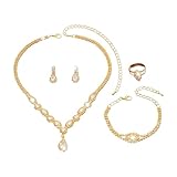 XFSRG Juegos de Joyas Mujer Conjunto de Joyas Novia y Dama Strass Lágrimas Colgante Collar Pendientes Pulsera Anillo Set Regalo para la Fiesta de Bodas (Oro)