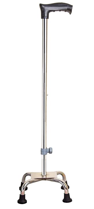 MEDBUDDY™ Quad Cane Adjustable Walking Cane/Stick Flexible Lightweight Comfortable Handle with 4-Pronged feet for Extra Stability Small Quad Base for Men Women and Seniors (Silver)
