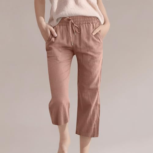 Teen Girls Capris Pants Summer Loose Comfy Cotton Linen Straight Wide Leg Drawstring Elastic Waist Solid Cropped Pant2
