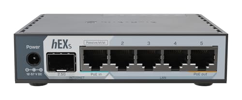 Image of MikroTik hEX S (2025) E60iUGS A compact, affordable wired router featuring a 2.5G SFP port, 5x Gigabit Ethernet, PoE out, USB, and a fast dual-core CPU