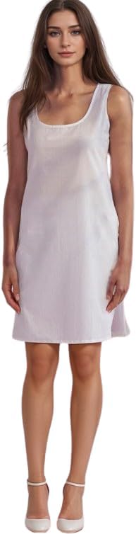 Women 100% Pure Cotton Long Slip,Round Neck, Knee Length - Camisole- Perfect to wear Under Cotton Chikankari Kurta-Color White, sameej,Shameej