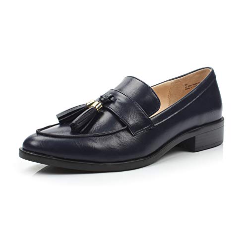 DUNION Women s Bertha Comfortable Tassel Slip Low Heels Almond Toe Casual Penny Loafers,Bertha Navy,9 M US