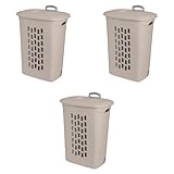 Sterilite 3 Pack Ultra Wheeled Hamper, Plastic Laundry Basket Clothes Bin with Wheels, Flip Top Lid and Retractable Handle, Grey Pumice