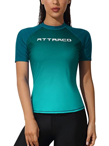 Attraco Women Rash Guard Short Sleeve Surfing Swimsuits Spf 50 Swim Shirt Gradient Green #TOP9