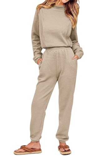 KIRUNDO Womens 2 Piece Outfits Sweatsuit Set 2024 Fall Quilted Knit Long Sleeve Cropped Top And Jogger Pants Loungewear Matching Set Tracksuit Athletic Sport Suit (Beige, Medium)