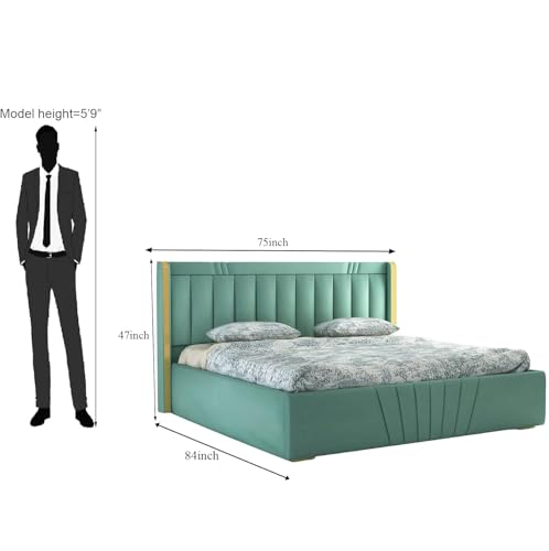 Image of Premium King Size Upholstered Bed with Storage | Solid Wood Platform Bed with Premium Cushion Headboard for Modern Bedrooms | Durable Frame, Easy Maintenance & Stylish Design | Green