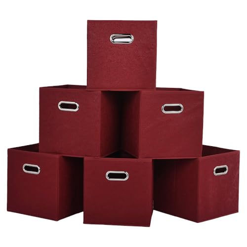 IKEBANA 11 Inches Embossed Claret Red Cube Storage Bins - Foldable Fabric Drawers With Metal Handles for Clothes Organization - Collapsible 6 Pack