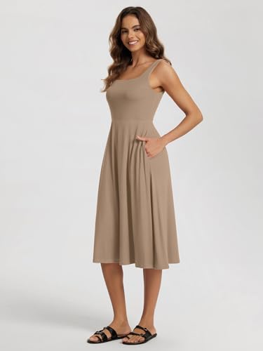 Image of ODODOS Square Neck Midi Dress with Pockets for Women Summer Casual Sleeveless Sundress Flare Tank Dress