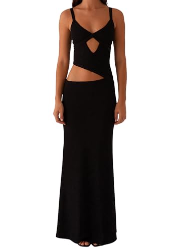 Image of Women Cut Out Maxi Dress Sleeveless Spaghetti Strap V Neck Backless Summer Bodycon Long Dress Party Dress