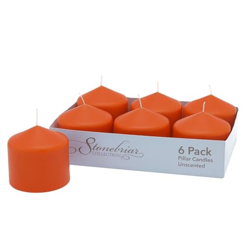 Image of Stonebriar Unscented Pillar Candles - 18 Hour Burn Time, Long-Lasting Wax Candles for Weddings, Holidays, Home Decor & Special Events, Pack of 6, Orange, 3 inch x 3 inch