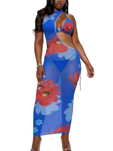 Image of Women's Sexy Swimsuit 3 Piece Thong Bikini Set Triangle Halter Bathing Suit Sheer Mesh Beach Cover Up Maxi Dress