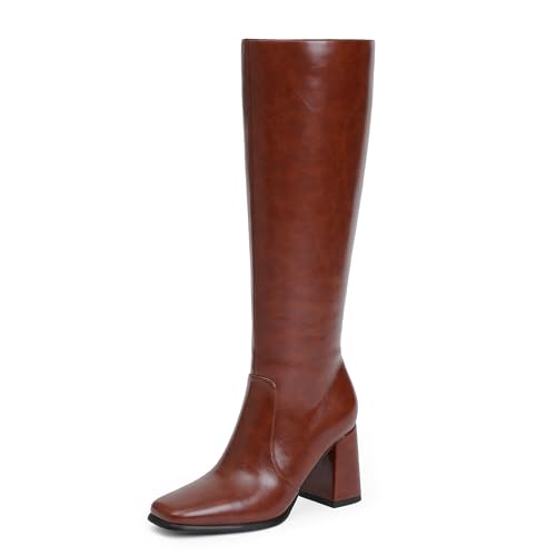 Image of QIY Knee High Boots Women Chunky Heel Square Toe Tall Boots Women Heeled Size Zipper Long Boots
