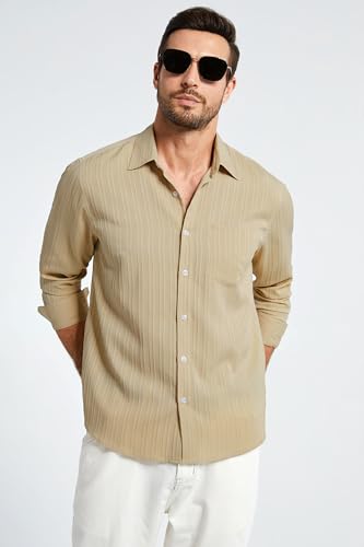 HISDERN Mens Casual Shirts Long Sleeve Button Down Shirts Wrinkle Free Solid Collared Textured Shirt with Pocket2