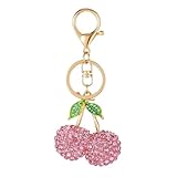 Rhinestone Cherry Keychain Cute Sparkling Fruit Cherry Bag Charms Purse Charms Aesthetic Keychain Charms Purse Keychain with Leaves Keyring for Bag Purse Wallet Handbags Car Accessories (Pink)
