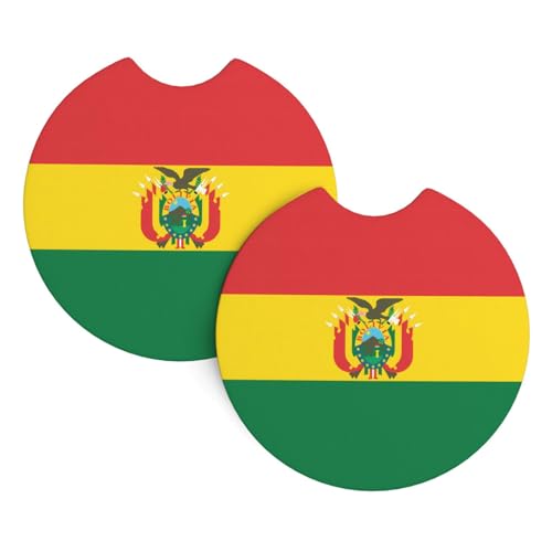 Lot de 2 sous-verres de voiture avec motif drapeau de la Bolivie - 6,9 cm - Avec encoche de doigt - Pour homme et femme