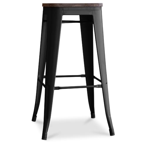 Iconik Interior Industrial Style Taburete de Bar - Diseño Industrial - Madera y Acero - 76 cm - New Edition - Stylix - Negro