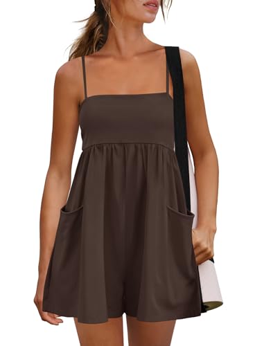 Yanekop Womens Summer Romper Shorts Workout Athletic Romper Casual Spaghetti Strap One Piece Jumpsuits Vacation Outfits(Chocalate Brown S)