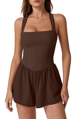 QINSEN Women Rompers Sleeveless Square Neck Stretch Tummy Control Yoga Workout Jumpsuit Outfits Chestnut S