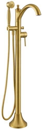 Wintap Free Standing Tub Faucet, Brushed Gold Classic Freestanding Bathtub Faucet with Vintage Hand Shower Brass High Flow Rate Floor Mount Tub Filler Swivel Spout Roman Tub Faucet Set (WT-9002BG)