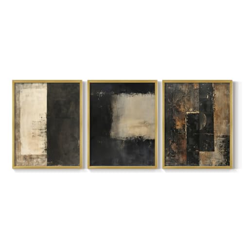 Renditions Gallery Set of 3 Peel & Stick Framed Prints, Textured Abstract Wall Art, Black and Beige Minimalist Wall Decor, Re-Stickable - Ready to Hang - 16"x20" - Gold Frame LT597