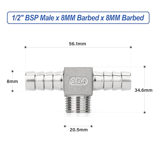 Conector T de acero inoxidable de 1/2 BSP con espigas de 8mm y abrazadera 3