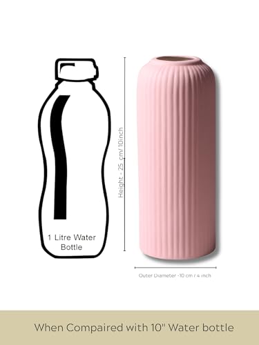 Image of KREATIVE ART'S Modern Ribbed Design Ceramic Flower Vase for Living Room, Flower Pots for Artificial Flower, Home Decoration Item, Home Decor, Vases for Living Room (Pink, Large)