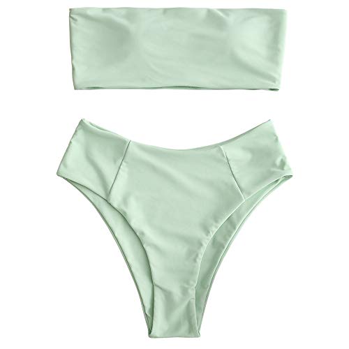 ZAFUL Women's High Cut Bandeau Bikini Set Strapless Solid Color 2 Pieces Bathing Suit Swimsuit Mint Green S