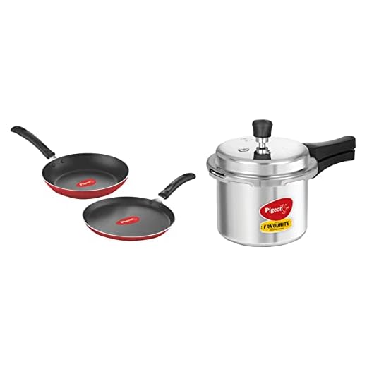 Pigeon By Stovekraft Favourite Induction Base Aluminium Pressure Cooker with Outer Lid, 3 Litres & Pigeon Aluminium Nonstick Duo Pack Flat Tawa 250 and Fry Pan 200 Gift Set
