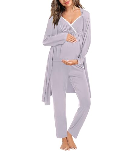 Image of SWOMOG Maternity Nursing Robe Set 3 Piece Breastfeeding Pajamas 3 in 1 Labor Delivery Sleevless Tops&Long Pants Pregnancy Pjs