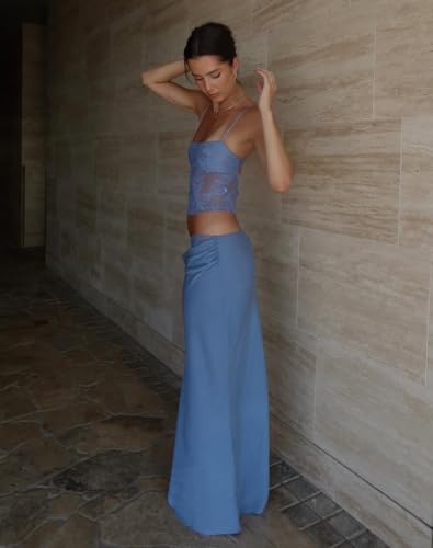 Image of Women's Lace Bustier Spaghetti Strap Sleeveless Ruched Bodycon Dress Set Elegant Crop Top and Maxi Dress