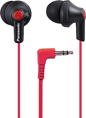 Panasonic ErgoFit Wired Earbuds, in-Ear Headphones with Dynamic Crystal-Clear Sound and Ergonomic Custom-Fit Earpieces (S/M/L),3.5mm Jack for Phones and Laptops, No Mic-RP-HJE120-KB (Matte Black/Red)